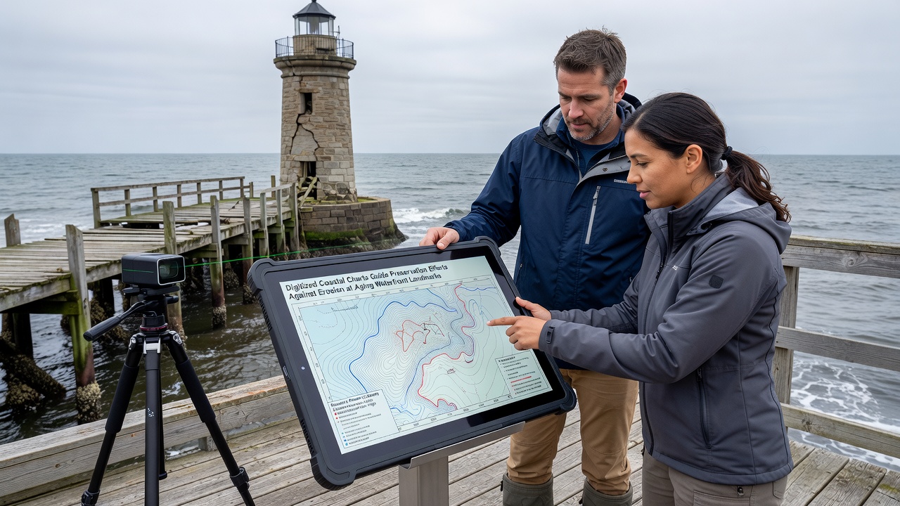 Field team using tablet-based GIS interface to compare 1940s coastal chart with current drone survey at an aging pier