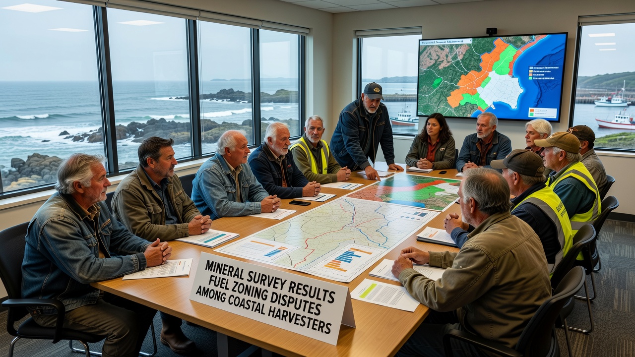 Harvesters reviewing zoning maps and survey documents during a community meeting